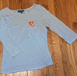 Modcloth Black & White Striped Top Fox Embroidery Pocket 100% Cotton Womens Med